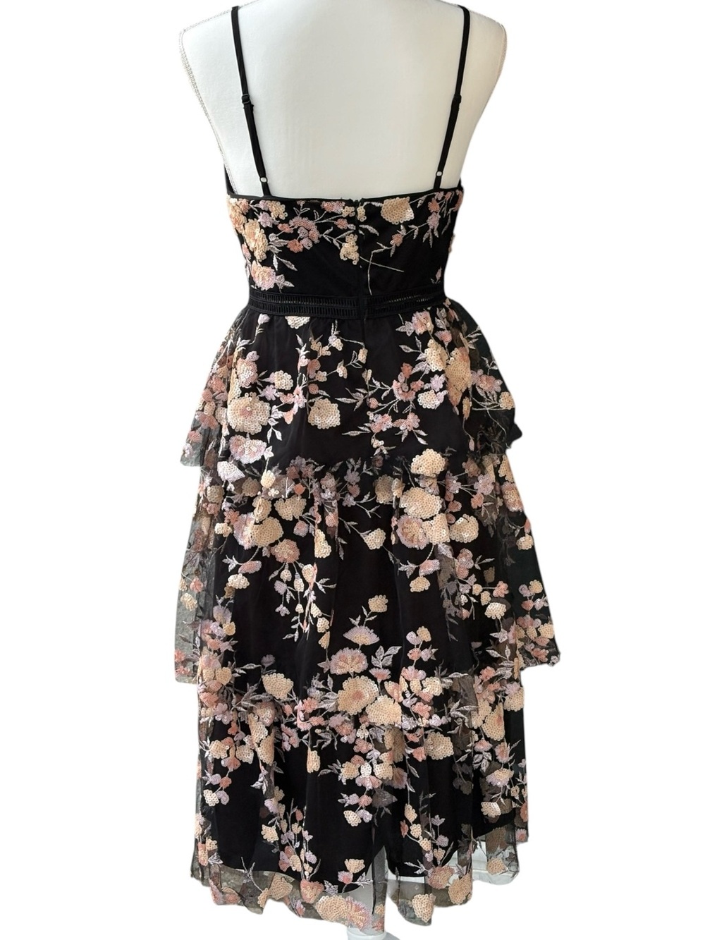 Lulus Tiered Black Mesh Maxi Dress with Peach Floral Sequin Detail, Size Small - Picture 2 of 9